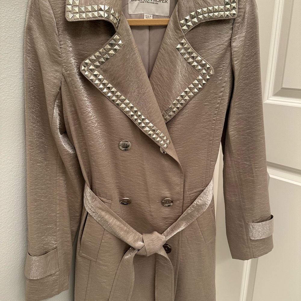 Silver metallic look trench coat with stud detail